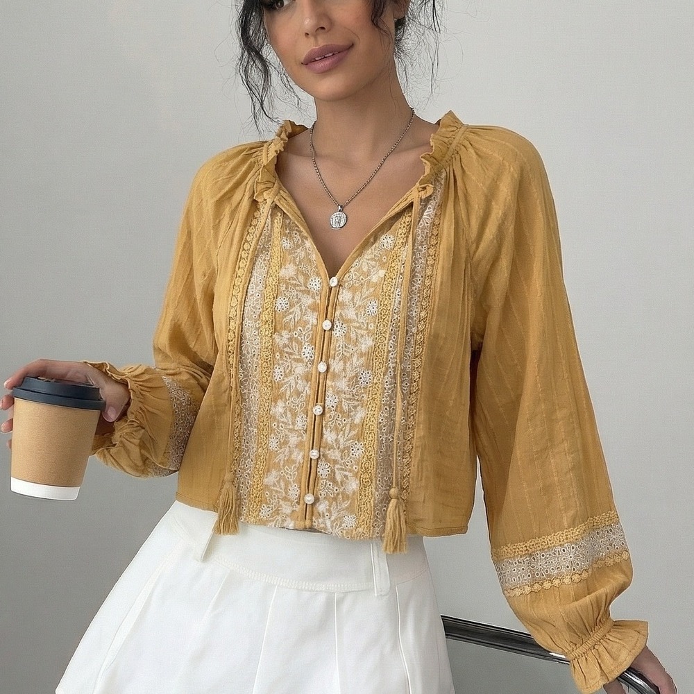 American‎ Eagle Blouse Womens Medium Mustard Yellow Boho Embroidered Top
